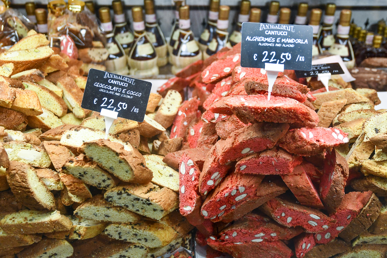 Florence, Tuscany, Italy - 03 30 2024: Cantucci are Italian almond biscuits that originated in the Tuscan city of Prato. They are twice-baked, oblong-shaped, dry, crunchy, and may be dipped in a drink, traditionally Vin Santo (type of sweet white wine).