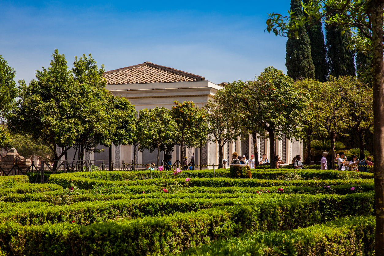 Rome, Italy - April, 2018: Tourists visiting the Renaissance Farnese Aviaries and Gardens at the Palatine Hill in Rome