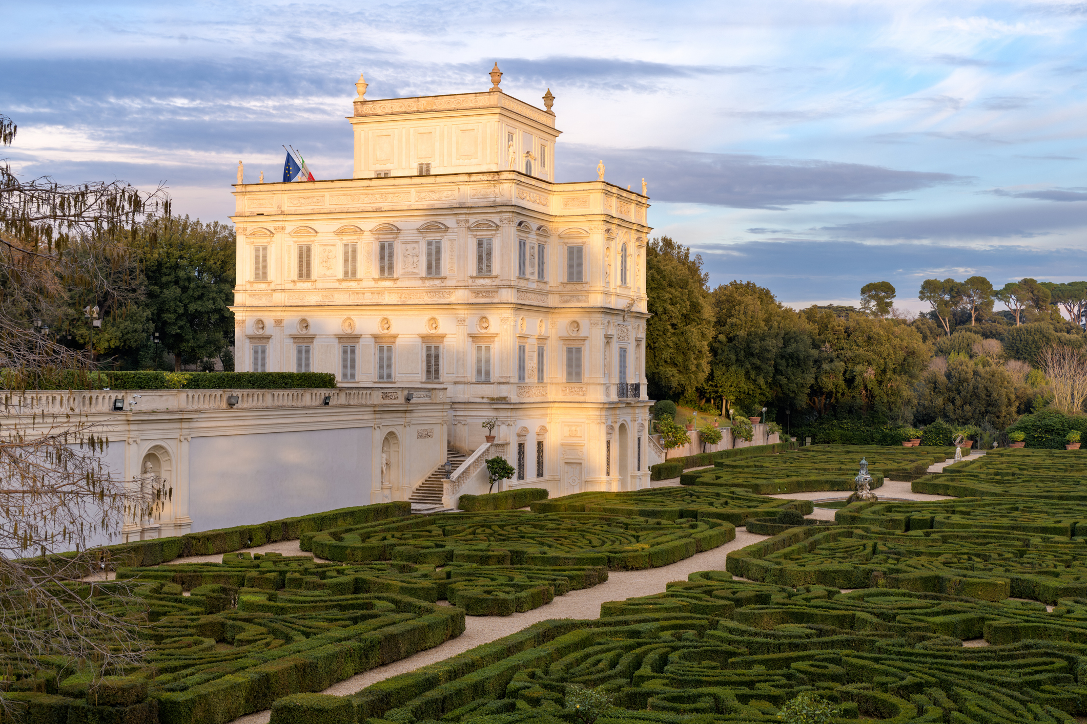 Rome, Italy - January 12th 2024: Villa Doria Pamphili - the Casino del Bel Respiro and the Giardino Segreto parterre