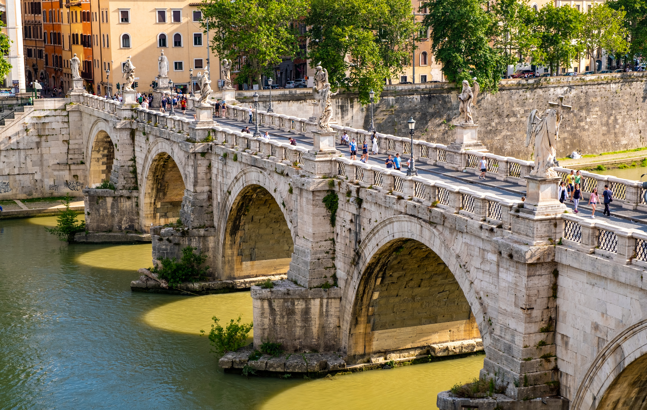 Rome, Italy - May 27, 2018: Ponte Sant'Angelo, Saint Angel Bridge, known as Aelian Bridge or Pons Aelius over Tiber river in historic center of Rome