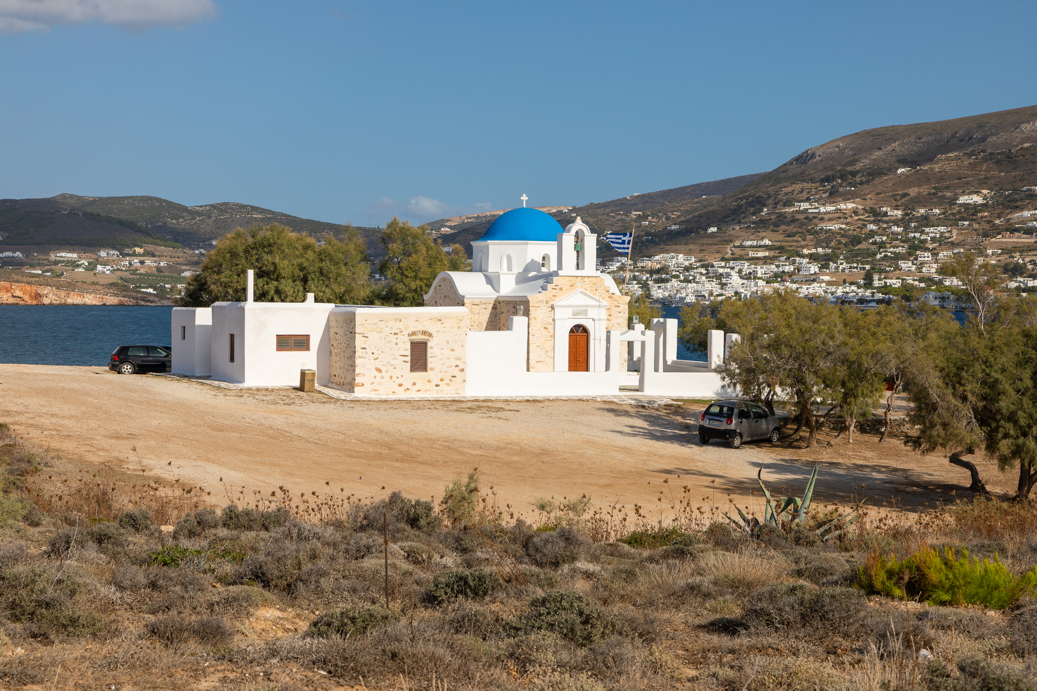 View of the Agios Fokas, traditional orthodox Greek Church. Aegean coast.
