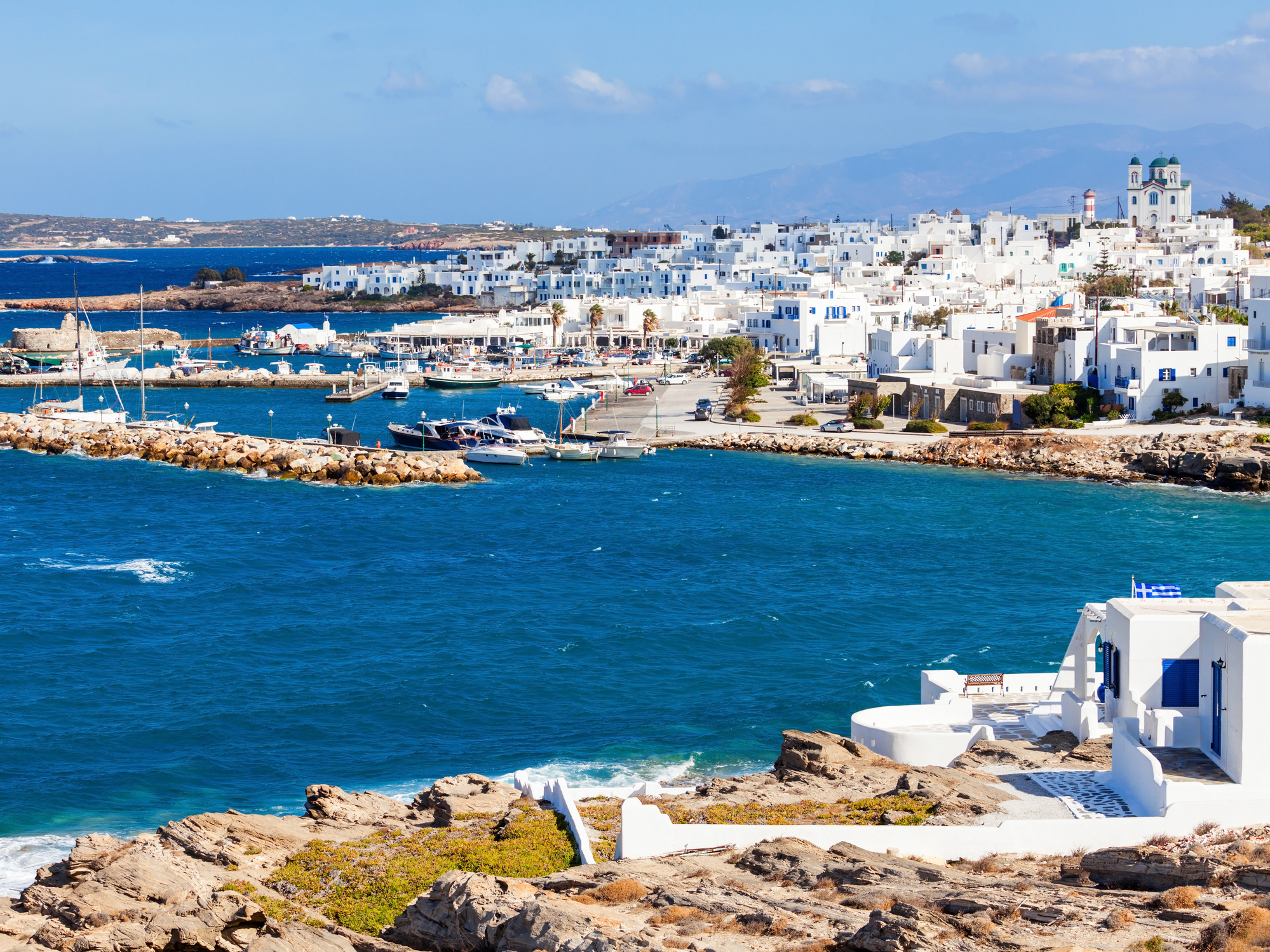 Parikia town aerial panoramic view, Paros island in Greece