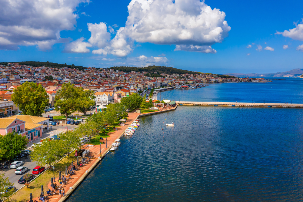 Aerial drone view of Argostoli (Argostolion), famous city and capital of Cefalonia (Kefalonia) island, Ionian islands, Greece. Argostoli town, former municipality on the island of Kefalonia, Greece.