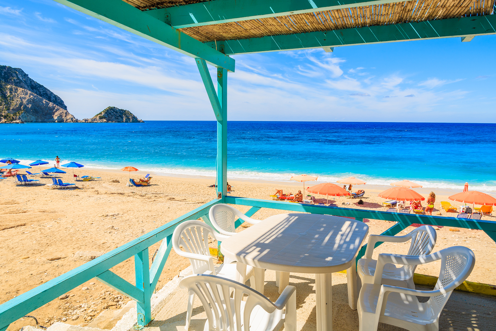 View of Petani beach from local restaurant, Kefalonia island, Greece