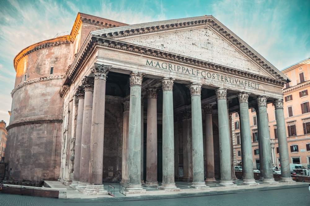 The Pantheon in Rome with its grand Corinthian columns and remarkably preserved ancient Roman architecture
