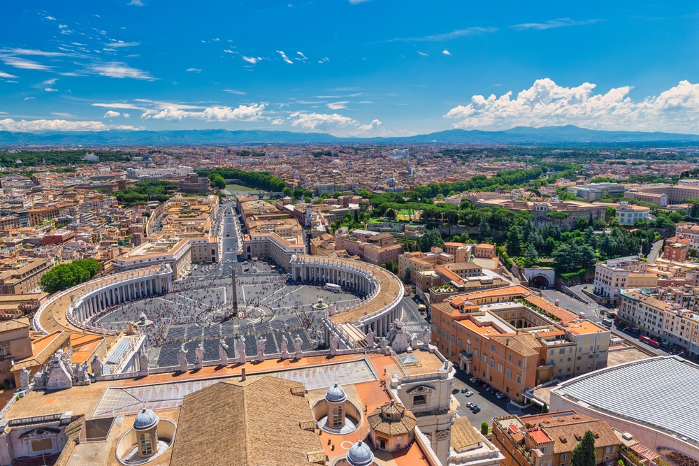 Aerial view of Vatican City and St. Peter’s Square surrounded by the historic cityscape of Rome