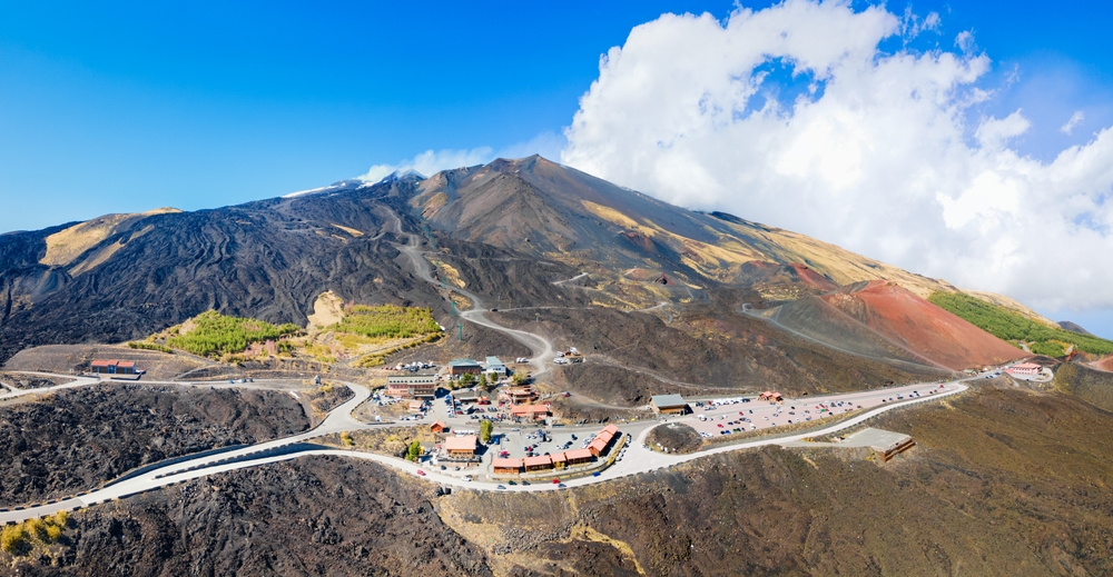 Mount Etna volcanic landscape in Sicily with lava fields, winding roads and summit craters
