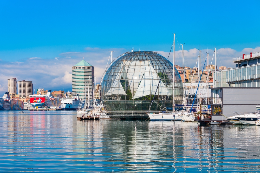 The Biosfera and Porto Antico waterfront in Genoa with yachts, marina views and modern harbour architecture 