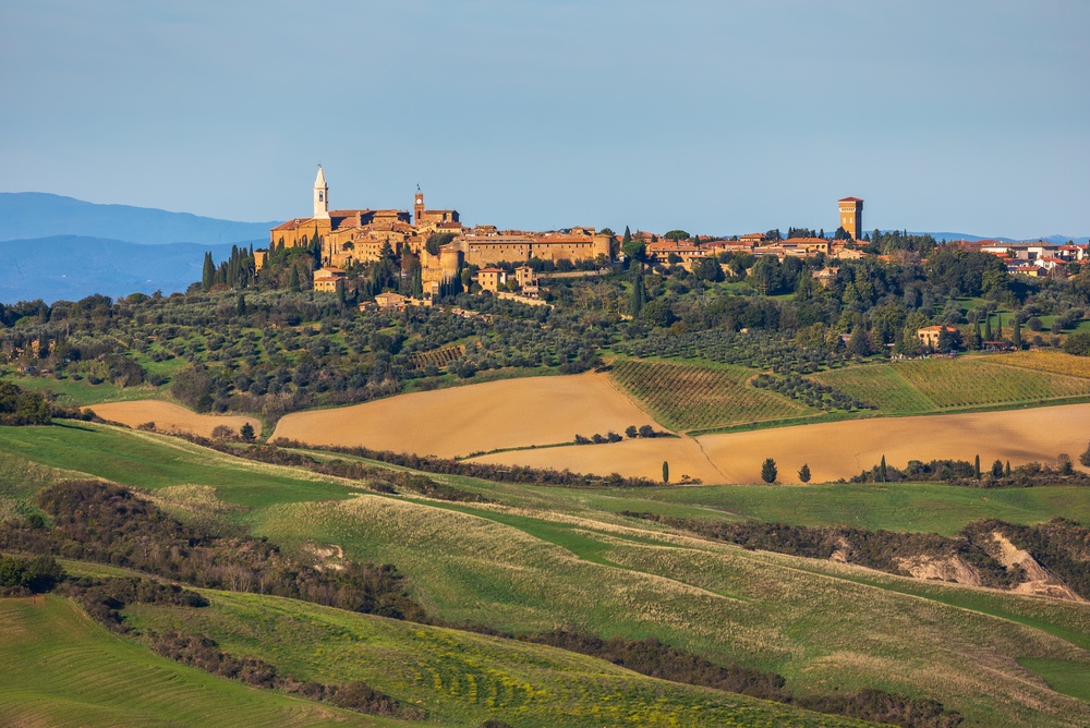 Rolling Tuscan countryside with vineyards, olive groves and a medieval hilltop village in Val d'Orcia 