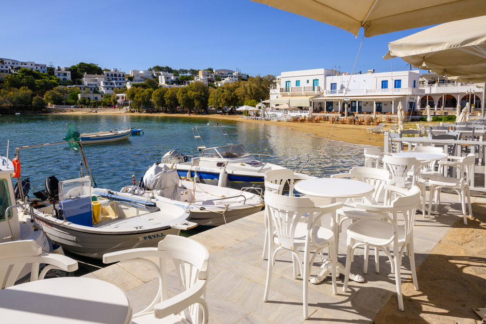 Piso Livadi, a picturesque resort with restarants and sandy beach at the eastern coast of the island of Paros. Cyclades, Greece