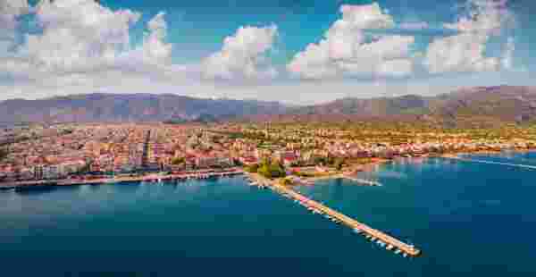 Aerial summer cityscape of Kalamata port