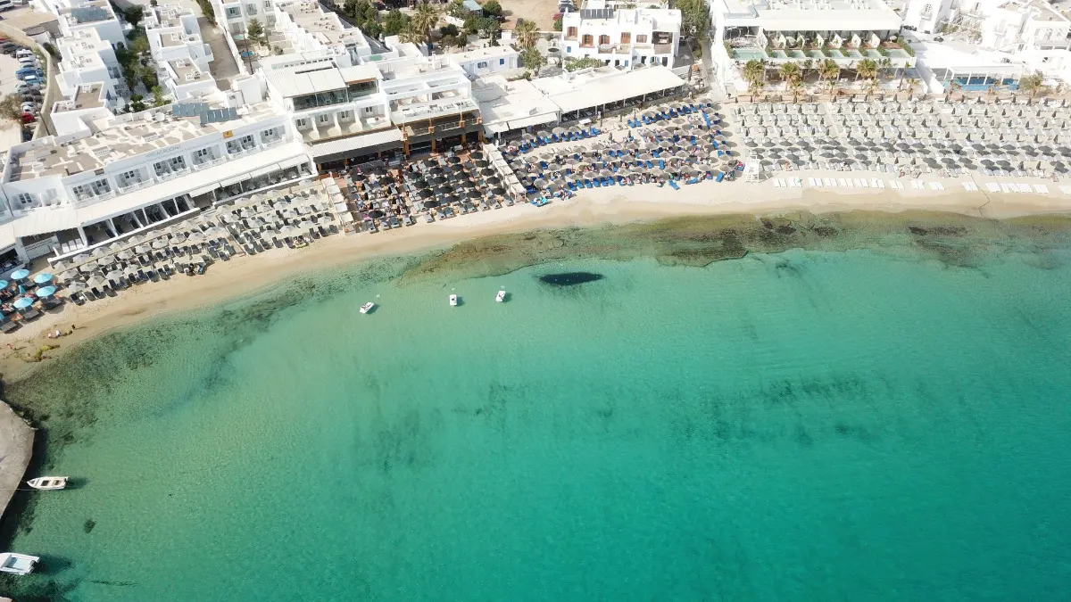 Aerial view of sun loungers and umbrellas lining a Mykonos beach
