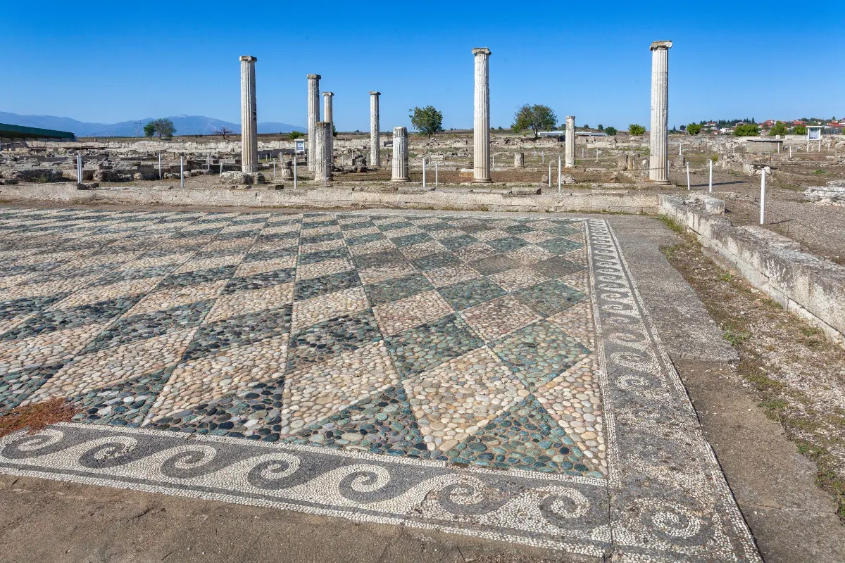 Ancient Roman pebble mosaic floor with geometric patterns, surrounded by standing marble columns at an archaeological site.